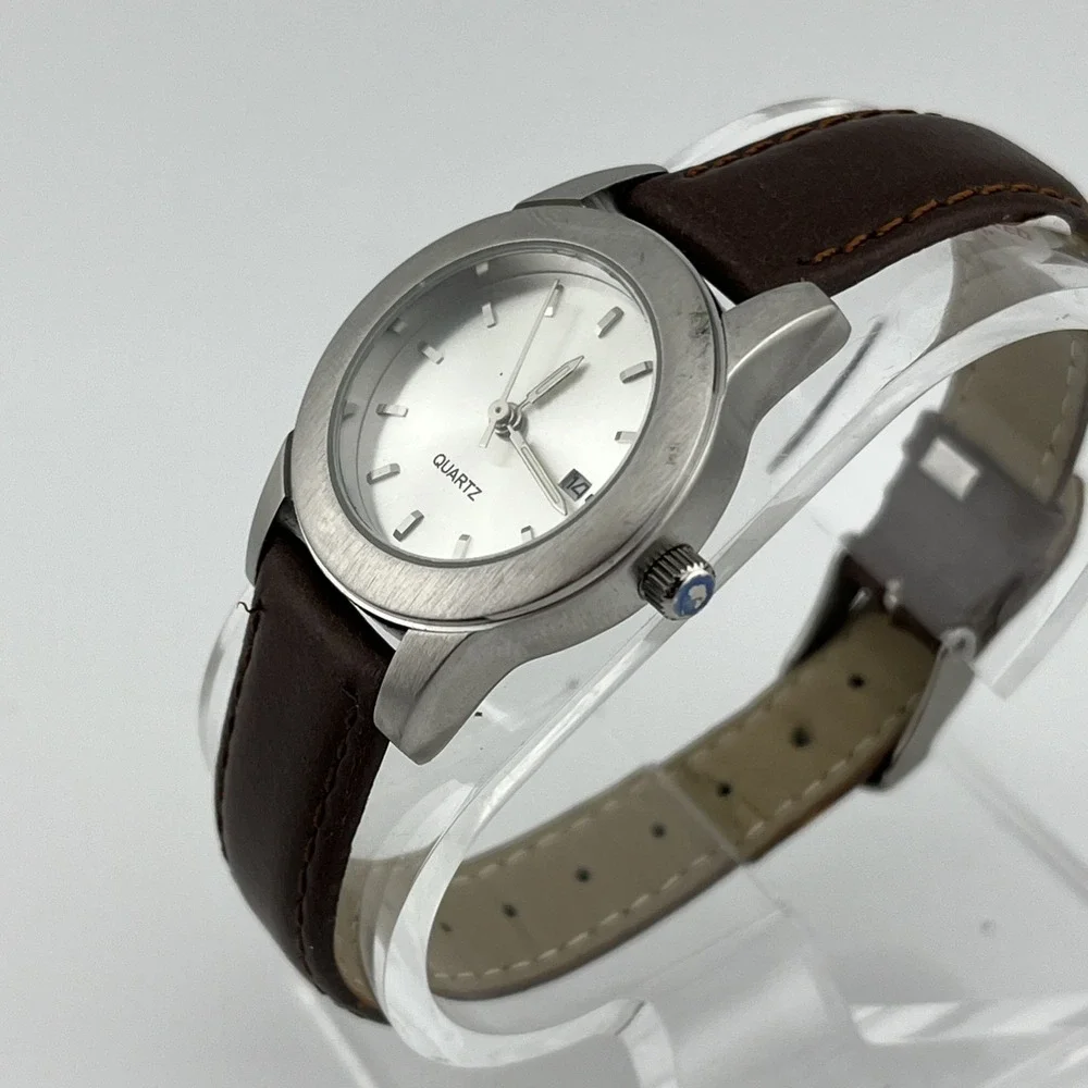 Women's Quartz Watch Silver 29mm Case Brown Leather Band- New Battery‎